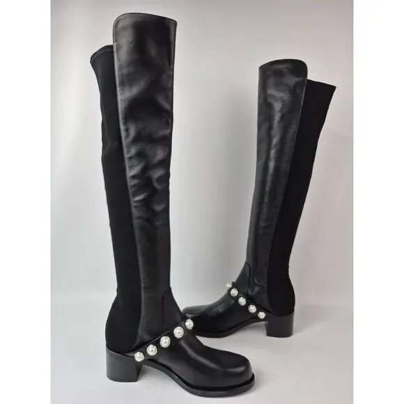 Stuart Weitzman Women's Black Portia 5050 Studded Pearl Boots Size 7.5 B - Picture 3 of 7